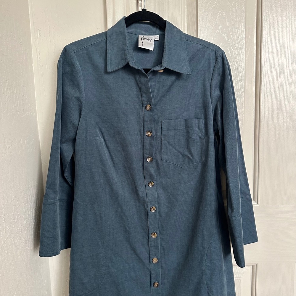 Finley Corduroy Button-Down Shirt Dress Tunic Blue XS‎ Made in USA - Picture 3 of 8